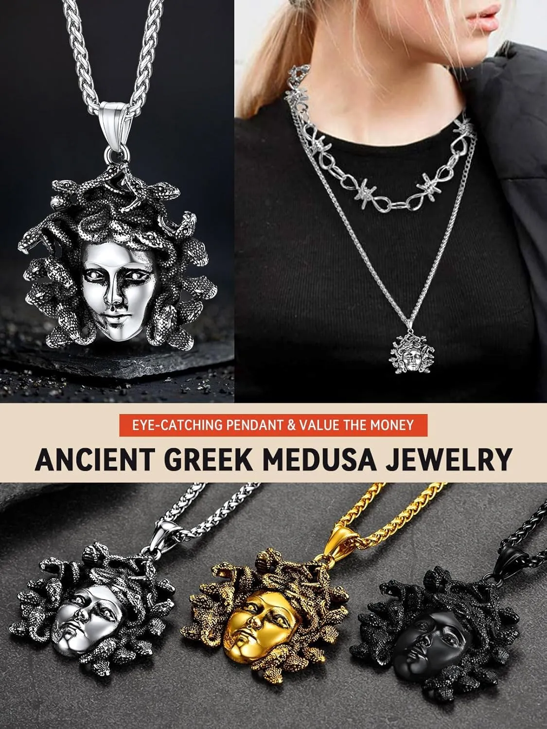 FaithHeart Medusa Pendant Necklace for Women Men, Stainless Steel/18K Gold Plated Ancient Greece Jewelry Customizable Delicate Gift Packaging