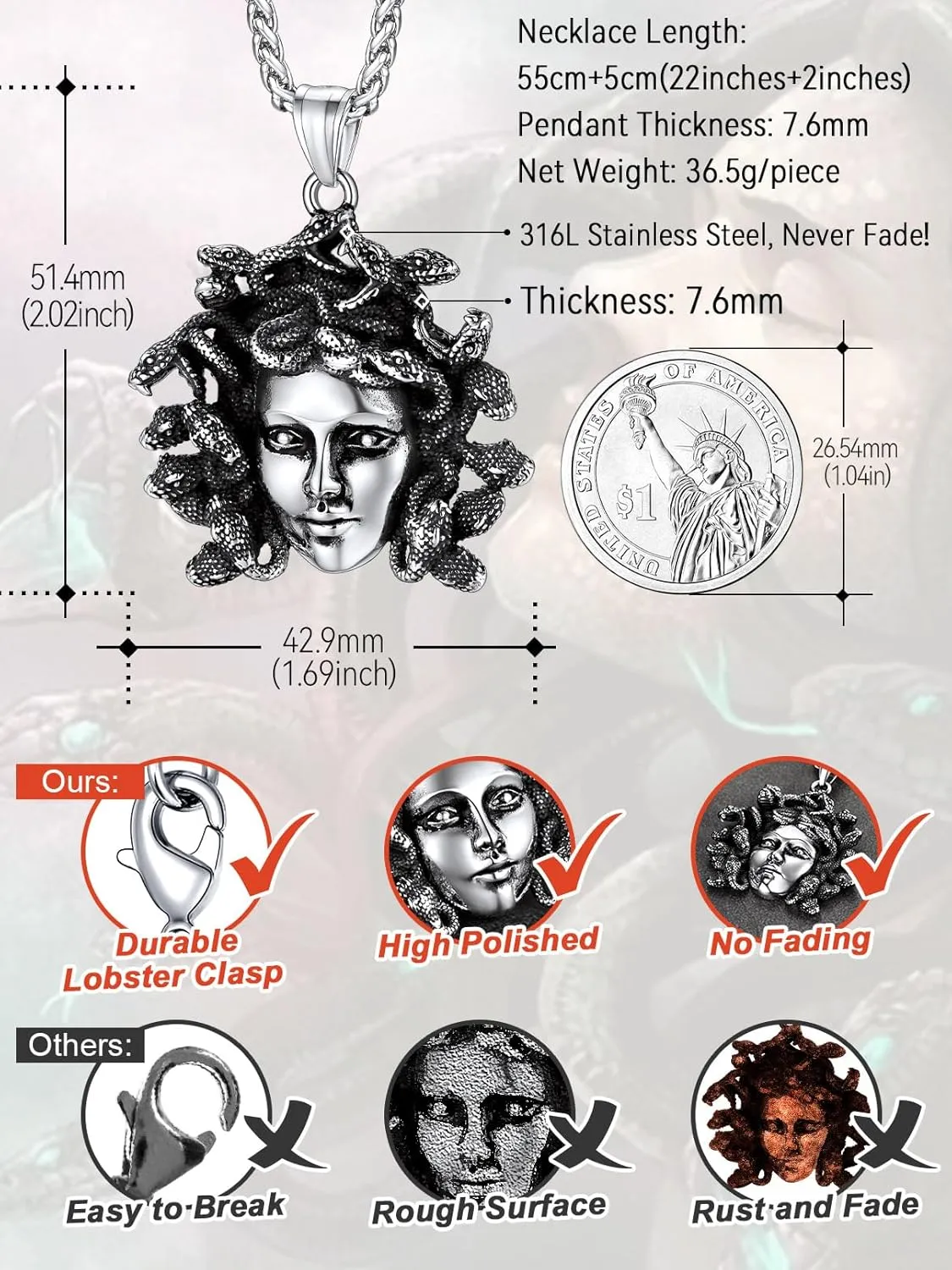 FaithHeart Medusa Pendant Necklace for Women Men, Stainless Steel/18K Gold Plated Ancient Greece Jewelry Customizable Delicate Gift Packaging