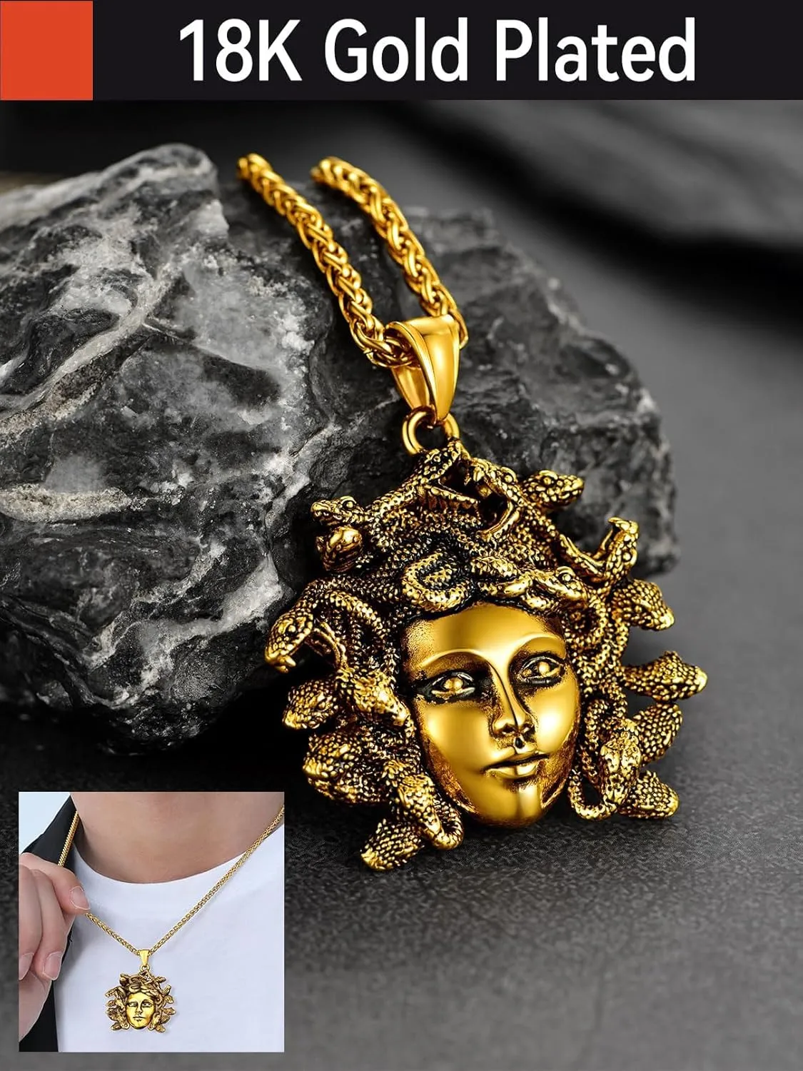FaithHeart Medusa Pendant Necklace for Women Men, Stainless Steel/18K Gold Plated Ancient Greece Jewelry Customizable Delicate Gift Packaging