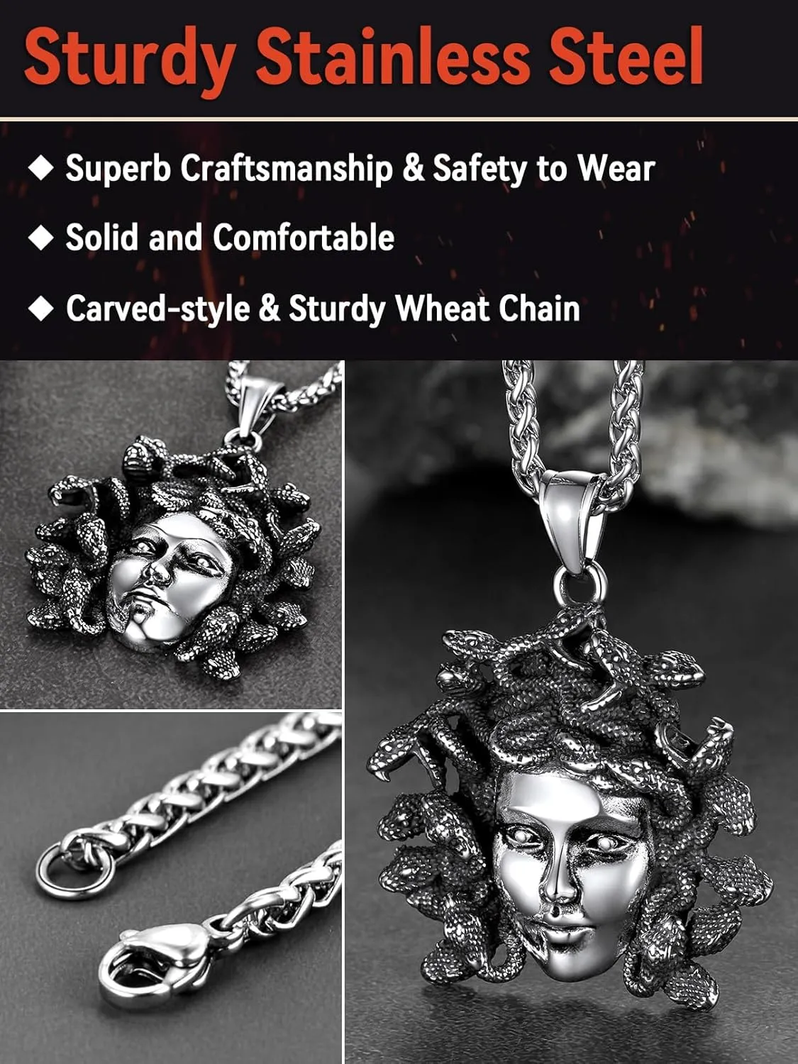 FaithHeart Medusa Pendant Necklace for Women Men, Stainless Steel/18K Gold Plated Ancient Greece Jewelry Customizable Delicate Gift Packaging