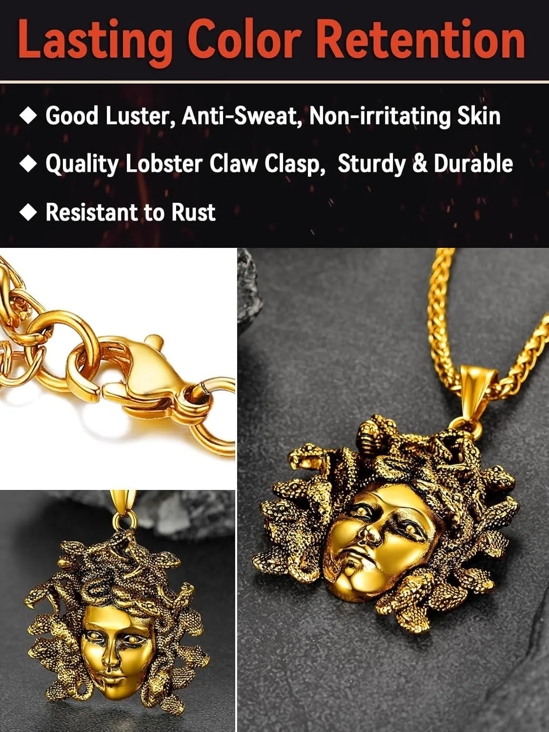 FaithHeart Medusa Pendant Necklace for Women Men, Stainless Steel/18K Gold Plated Ancient Greece Jewelry Customizable Delicate Gift Packaging