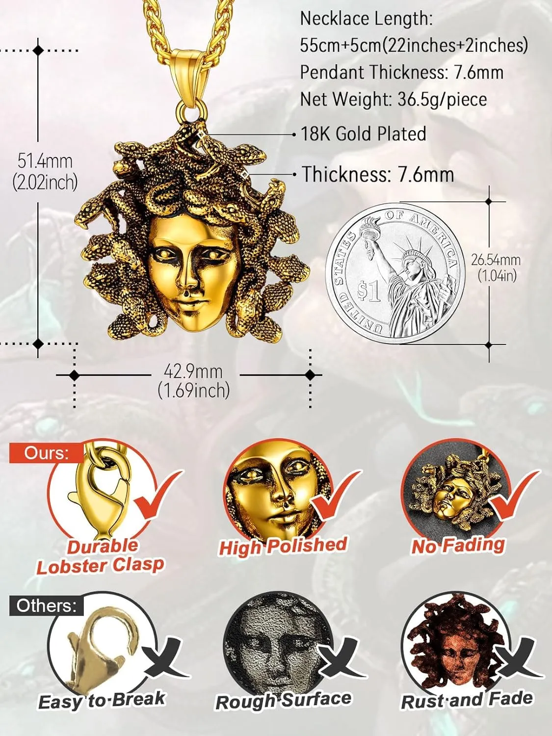 FaithHeart Medusa Pendant Necklace for Women Men, Stainless Steel/18K Gold Plated Ancient Greece Jewelry Customizable Delicate Gift Packaging