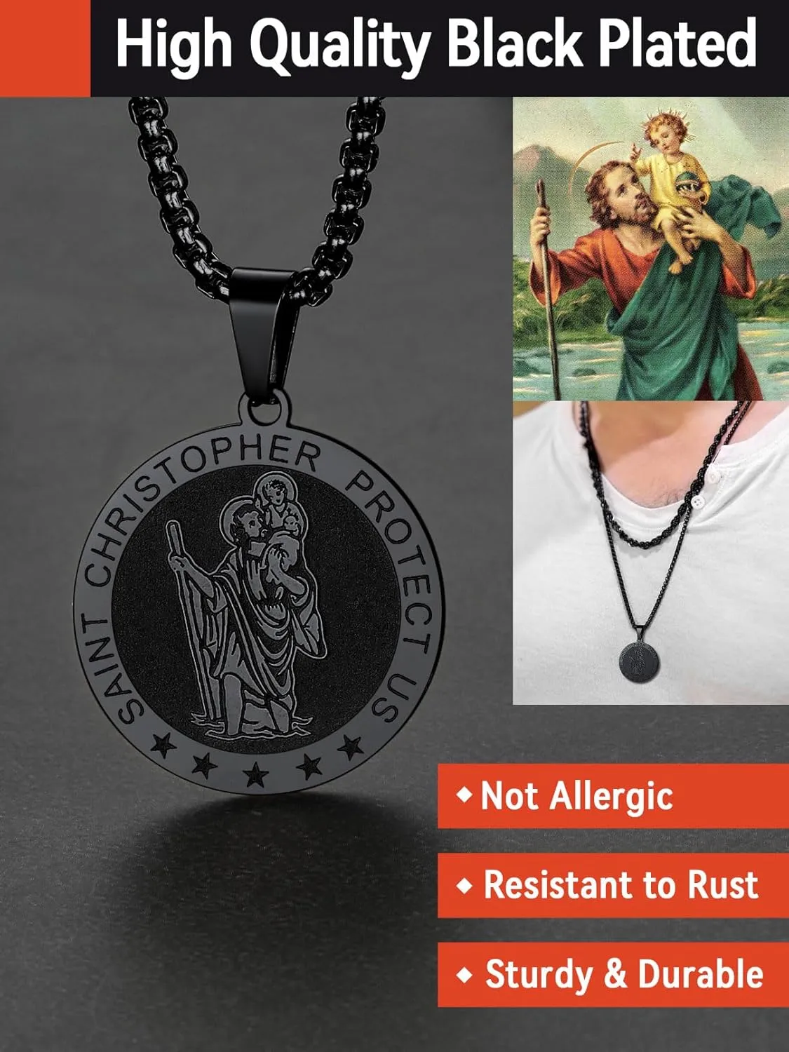 FaithHeart Saint Christopher Pendant Necklace for Men Women Stainless Steel Catholic Amulet Medal Jewelry Personalized Custom with Delicate Packaging