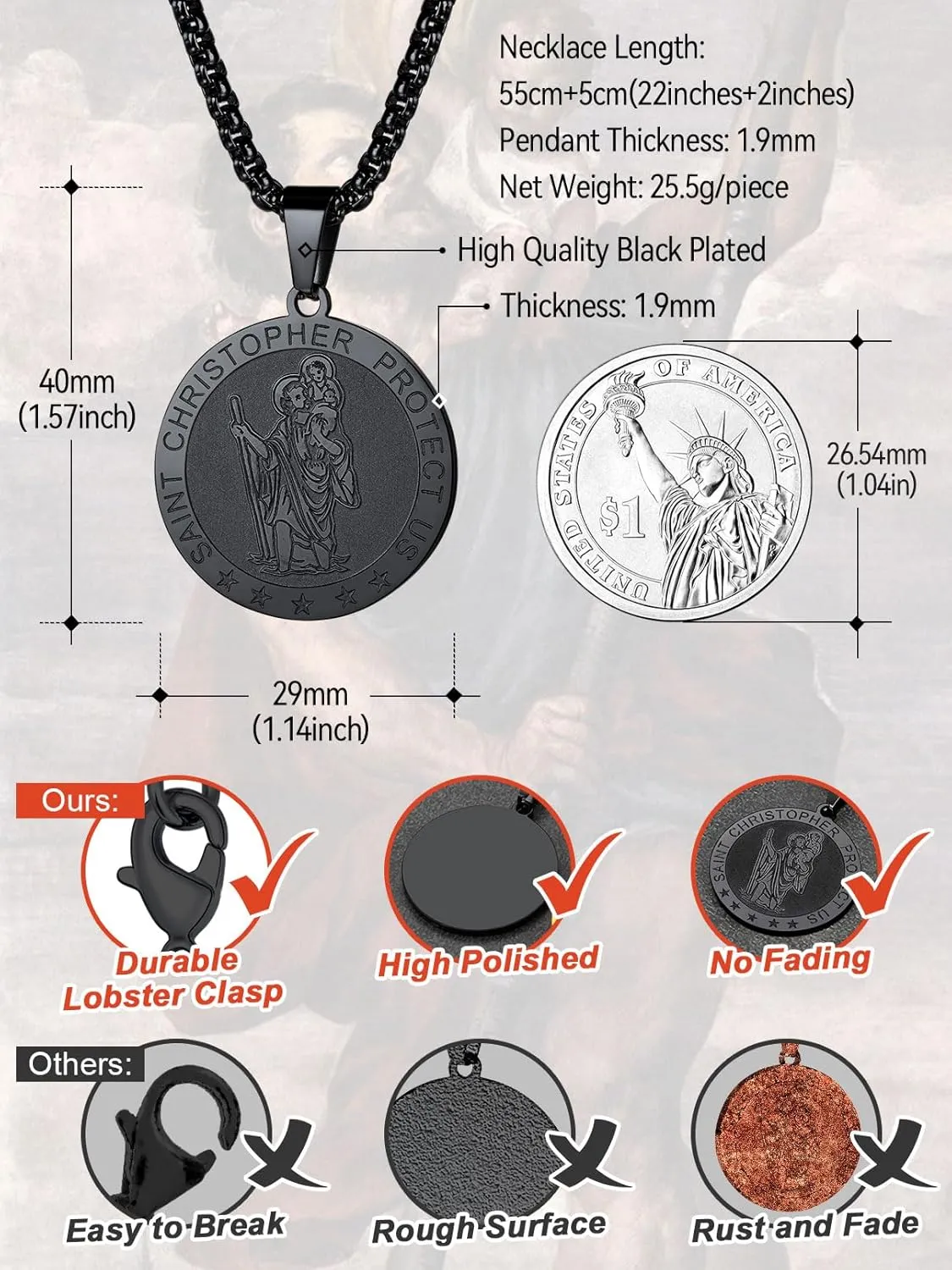 FaithHeart Saint Christopher Pendant Necklace for Men Women Stainless Steel Catholic Amulet Medal Jewelry Personalized Custom with Delicate Packaging