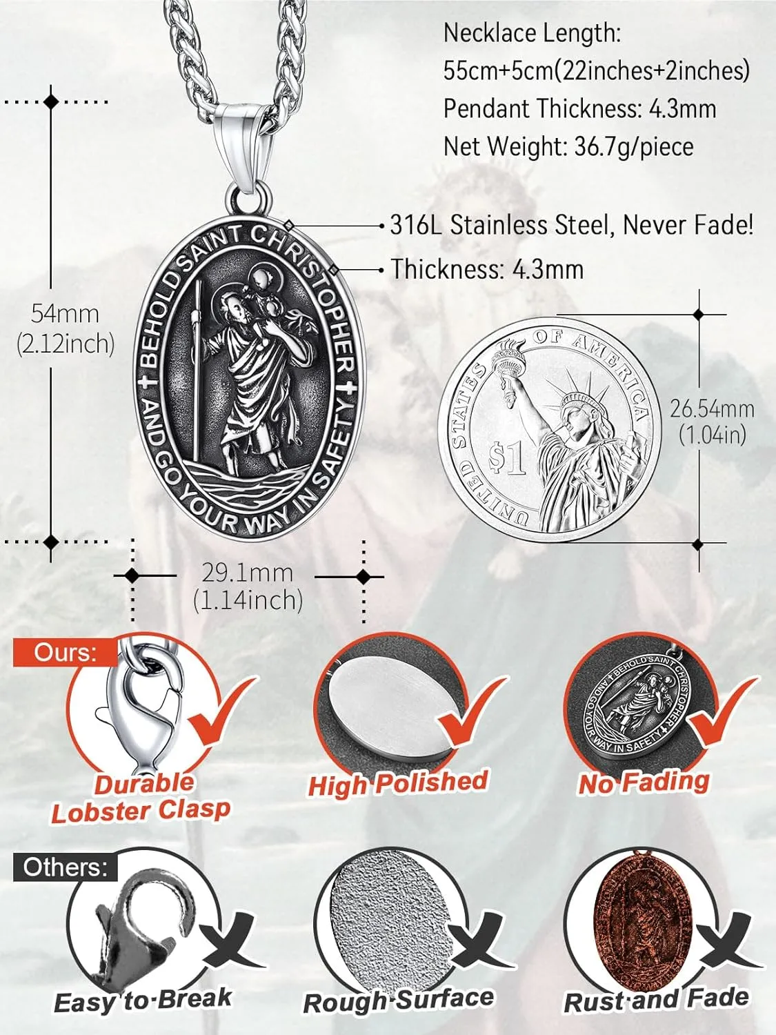 FaithHeart Saint Christopher Pendant Necklace for Men Women Stainless Steel Catholic Amulet Medal Jewelry Personalized Custom with Delicate Packaging