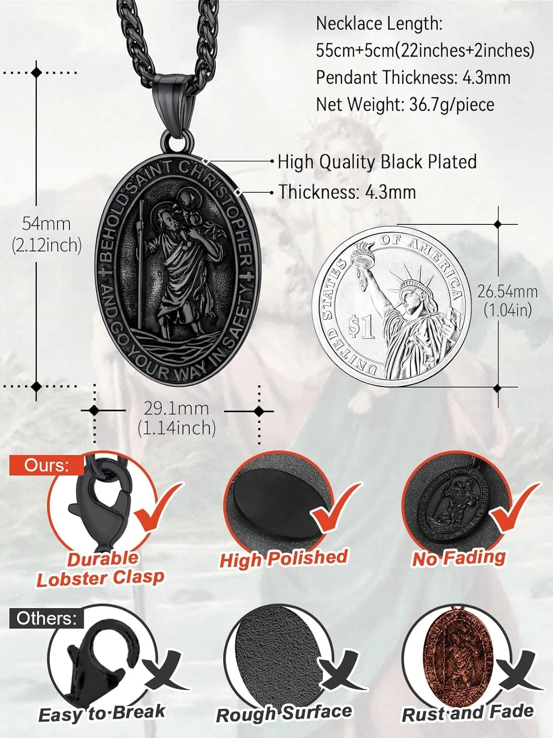 FaithHeart Saint Christopher Pendant Necklace for Men Women Stainless Steel Catholic Amulet Medal Jewelry Personalized Custom with Delicate Packaging