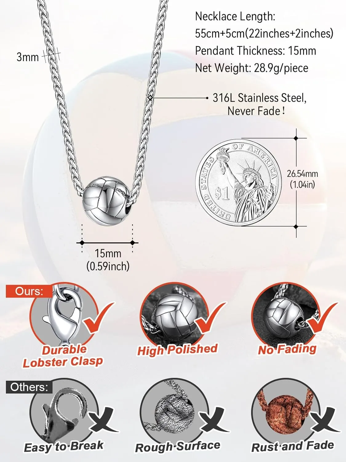 FaithHeart Sports Necklace for Men Women, Stainless Steel Gold Plated 3D Football/Soccer/Basketball/Volleyball Pendant Jewelry with Delicate Gift Packaging
