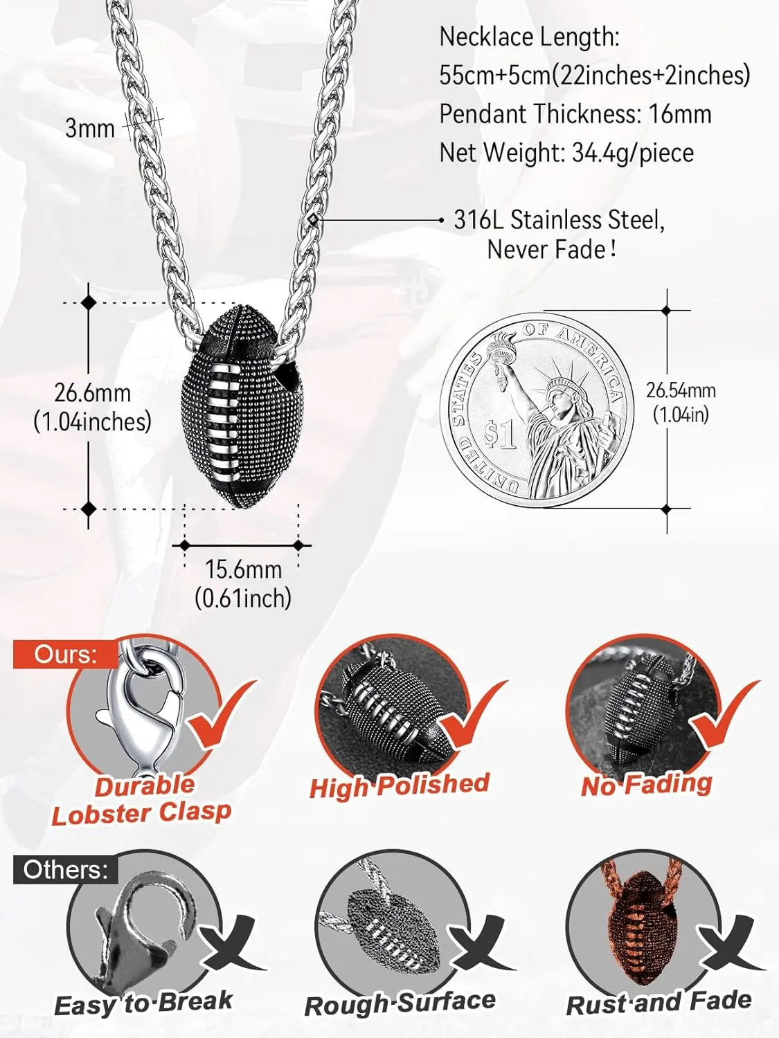 FaithHeart Sports Necklace for Men Women, Stainless Steel Gold Plated 3D Football/Soccer/Basketball/Volleyball Pendant Jewelry with Delicate Gift Packaging