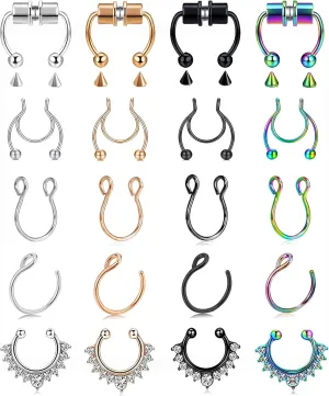 Fake Nose Ring Hoop Fake Nose Stud Magnetic Septum Nose Ring Stud Stainless Steel CZ Fake Nose Piercing Stud Faux Nose Ear Lip Cuffs Non Pierced Jewelry for Women Men