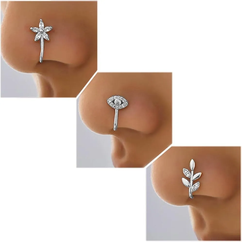 Fake Nose Ring Hoop Fake Nose Stud Magnetic Septum Nose Ring Stud Stainless Steel CZ Fake Nose Piercing Stud Faux Nose Ear Lip Cuffs Non Pierced Jewelry for Women Men