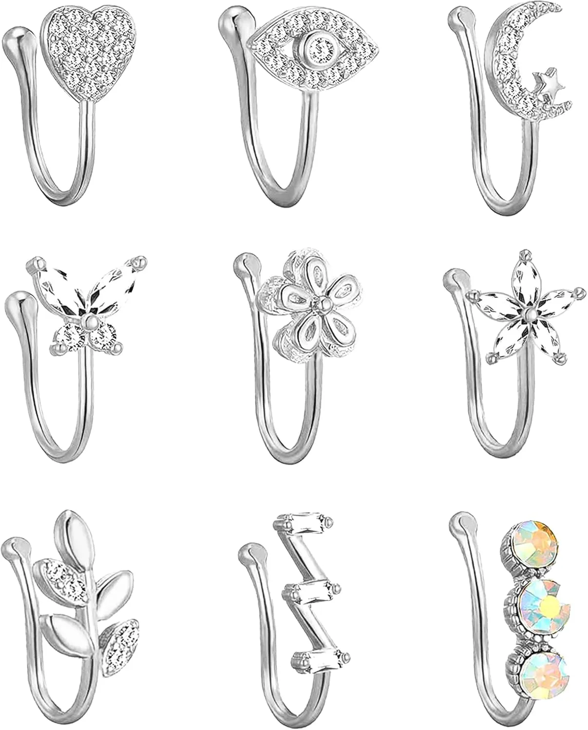 Fake Nose Ring Hoop Fake Nose Stud Magnetic Septum Nose Ring Stud Stainless Steel CZ Fake Nose Piercing Stud Faux Nose Ear Lip Cuffs Non Pierced Jewelry for Women Men