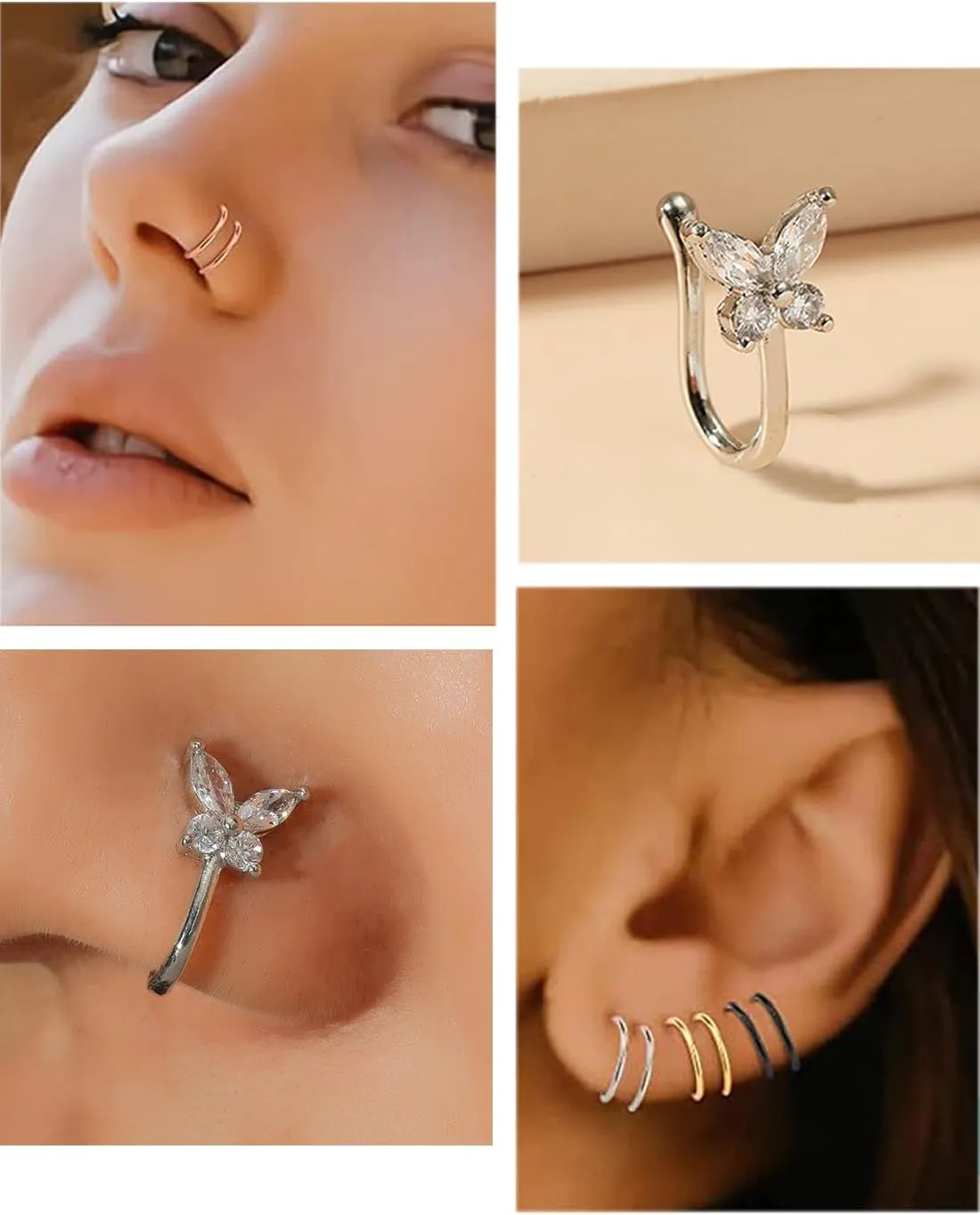 Fake Nose Ring Hoop Fake Nose Stud Magnetic Septum Nose Ring Stud Stainless Steel CZ Fake Nose Piercing Stud Faux Nose Ear Lip Cuffs Non Pierced Jewelry for Women Men