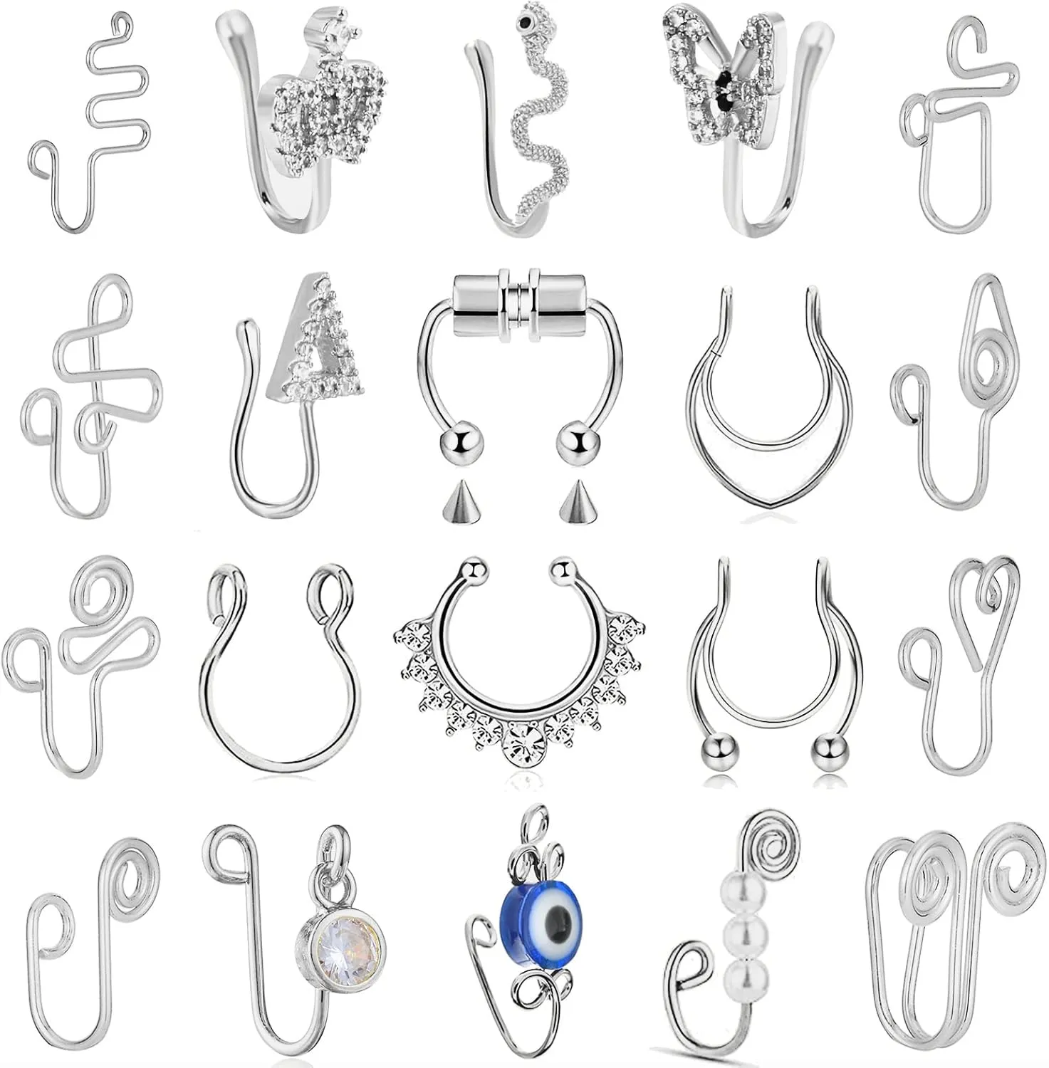 Fake Nose Ring Hoop Fake Nose Stud Magnetic Septum Nose Ring Stud Stainless Steel CZ Fake Nose Piercing Stud Faux Nose Ear Lip Cuffs Non Pierced Jewelry for Women Men