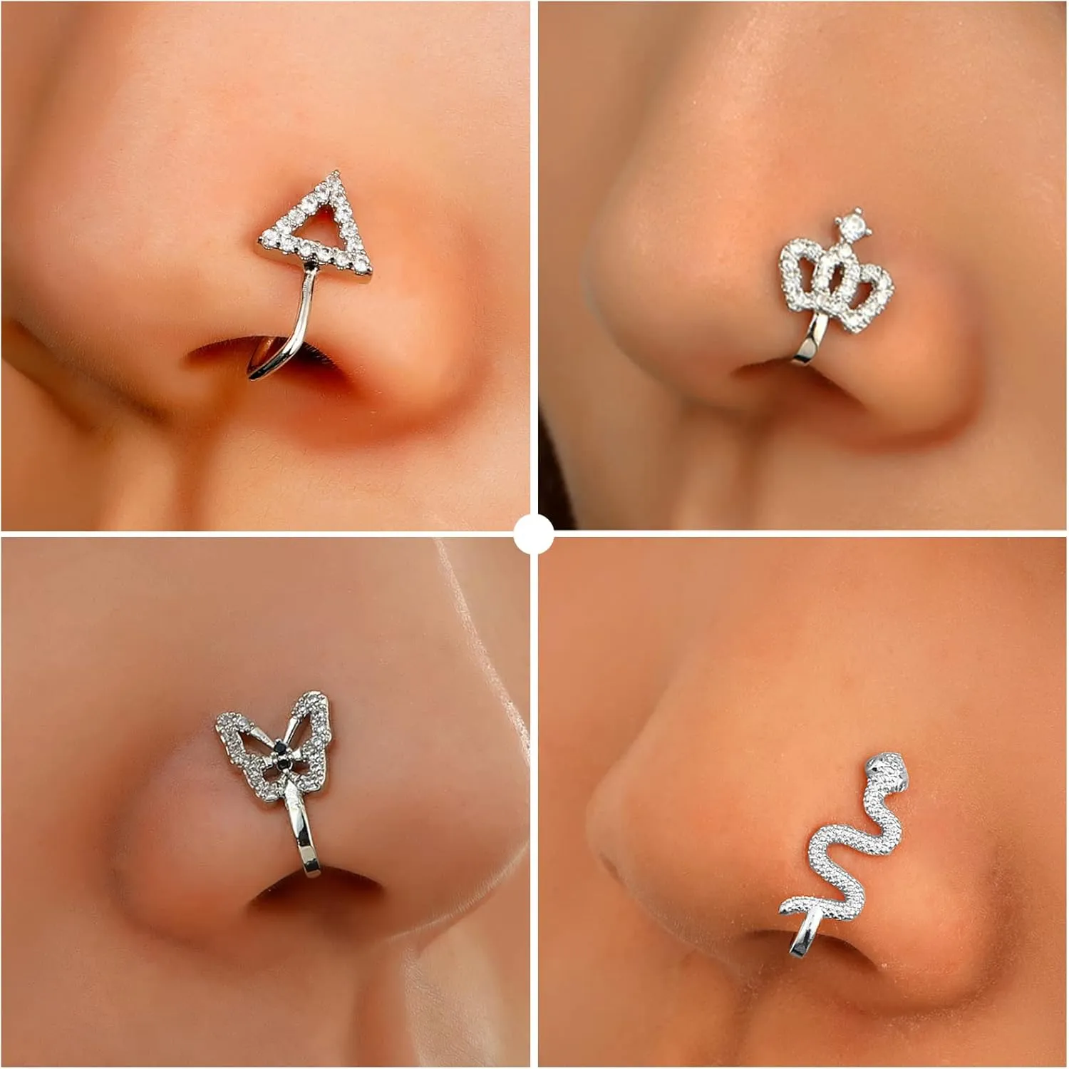 Fake Nose Ring Hoop Fake Nose Stud Magnetic Septum Nose Ring Stud Stainless Steel CZ Fake Nose Piercing Stud Faux Nose Ear Lip Cuffs Non Pierced Jewelry for Women Men
