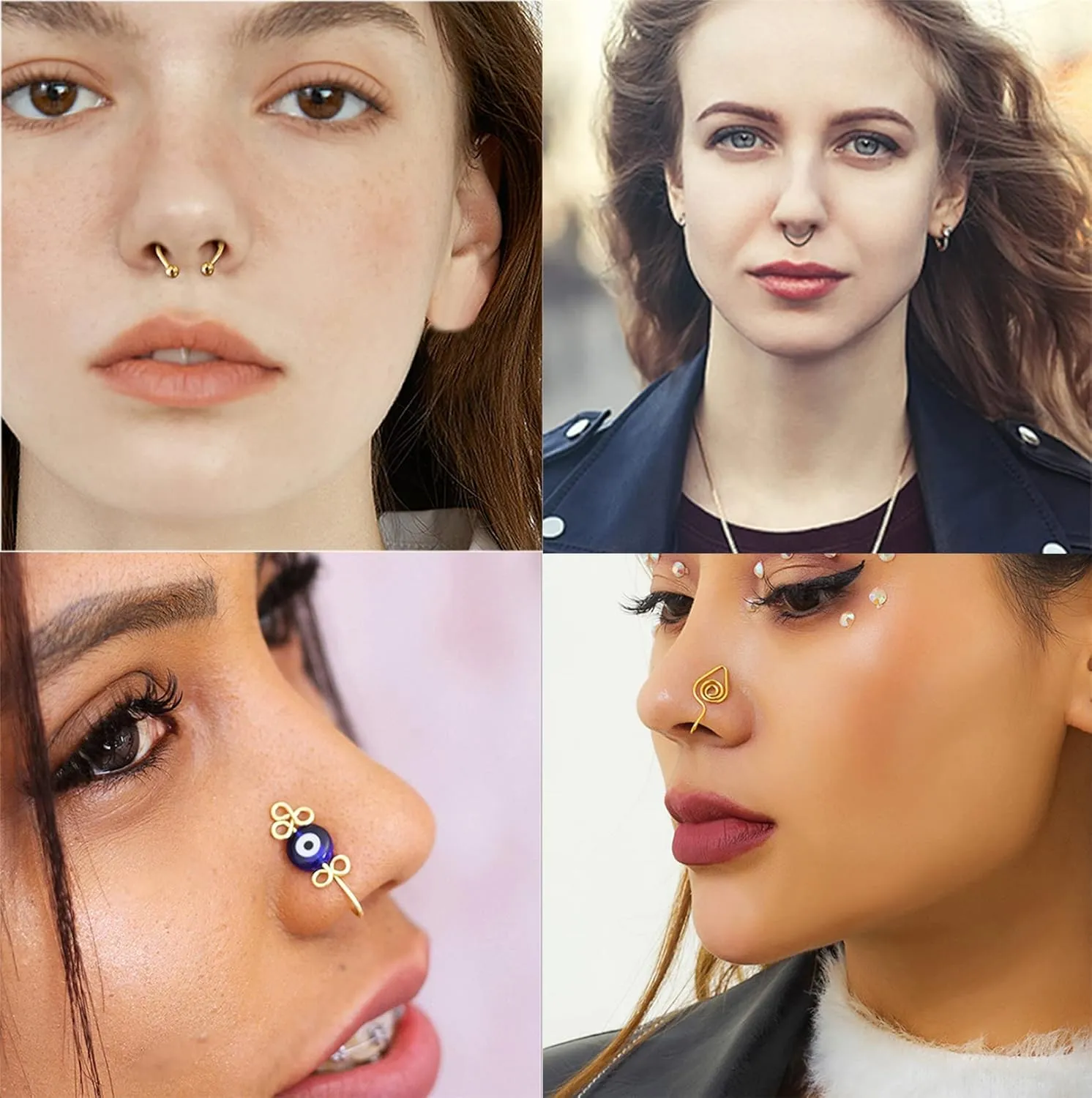 Fake Nose Ring Hoop Fake Nose Stud Magnetic Septum Nose Ring Stud Stainless Steel CZ Fake Nose Piercing Stud Faux Nose Ear Lip Cuffs Non Pierced Jewelry for Women Men