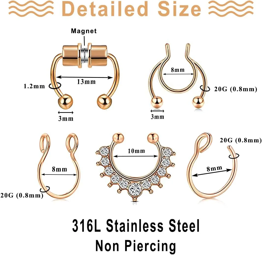 Fake Nose Ring Hoop Fake Nose Stud Magnetic Septum Nose Ring Stud Stainless Steel CZ Fake Nose Piercing Stud Faux Nose Ear Lip Cuffs Non Pierced Jewelry for Women Men
