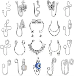 Fake Nose Ring Hoop Fake Nose Stud Magnetic Septum Nose Ring Stud Stainless Steel CZ Fake Nose Piercing Stud Faux Nose Ear Lip Cuffs Non Pierced Jewelry for Women Men