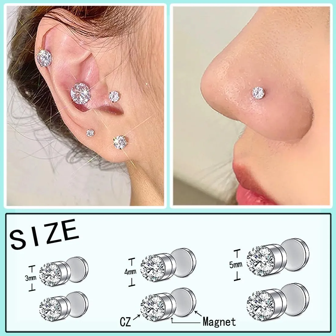 Fake Nose Ring Hoop Fake Nose Stud Magnetic Septum Nose Ring Stud Stainless Steel CZ Fake Nose Piercing Stud Faux Nose Ear Lip Cuffs Non Pierced Jewelry for Women Men