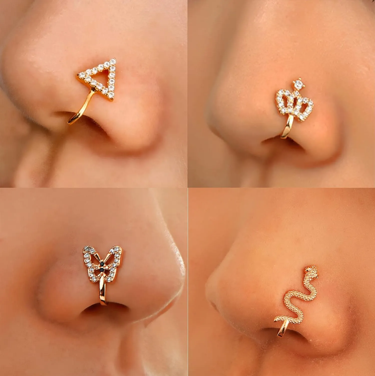 Fake Nose Ring Hoop Fake Nose Stud Magnetic Septum Nose Ring Stud Stainless Steel CZ Fake Nose Piercing Stud Faux Nose Ear Lip Cuffs Non Pierced Jewelry for Women Men