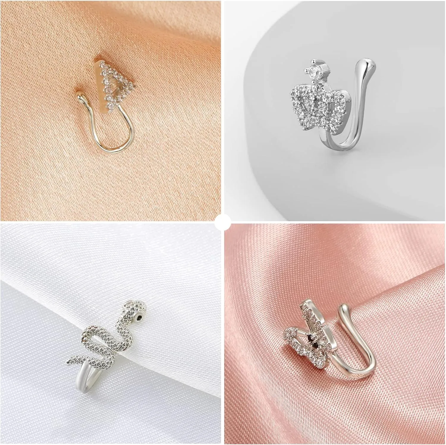 Fake Nose Ring Hoop Fake Nose Stud Magnetic Septum Nose Ring Stud Stainless Steel CZ Fake Nose Piercing Stud Faux Nose Ear Lip Cuffs Non Pierced Jewelry for Women Men