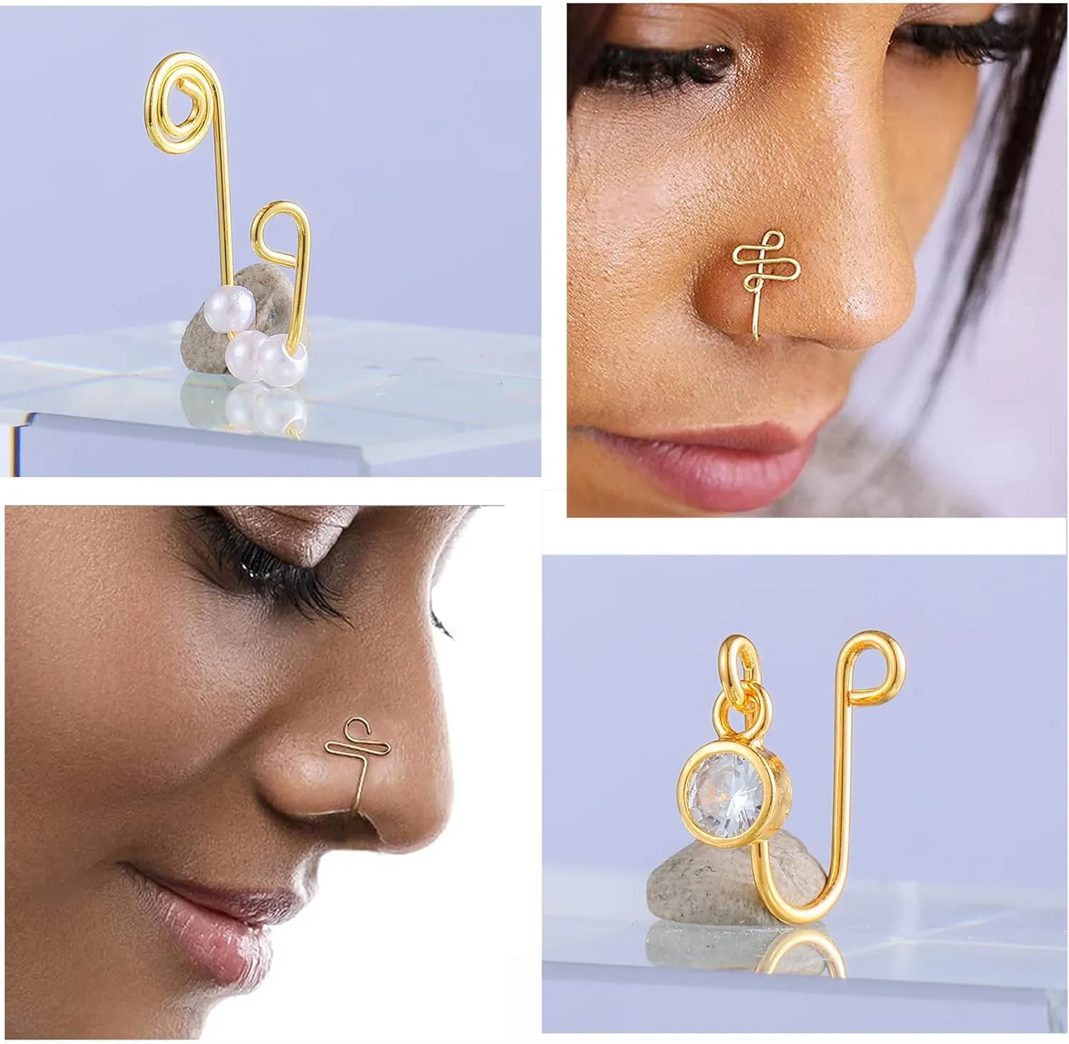 Fake Nose Ring Hoop Fake Nose Stud Magnetic Septum Nose Ring Stud Stainless Steel CZ Fake Nose Piercing Stud Faux Nose Ear Lip Cuffs Non Pierced Jewelry for Women Men
