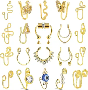 Fake Nose Ring Hoop Fake Nose Stud Magnetic Septum Nose Ring Stud Stainless Steel CZ Fake Nose Piercing Stud Faux Nose Ear Lip Cuffs Non Pierced Jewelry for Women Men