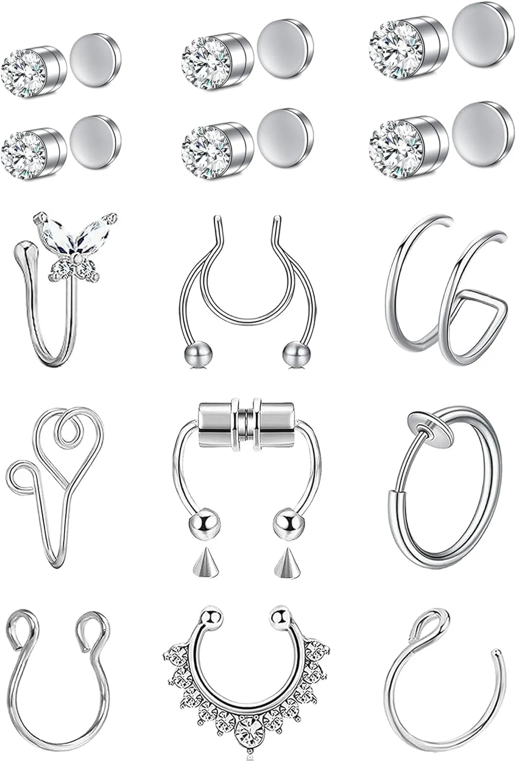 Fake Nose Ring Hoop Fake Nose Stud Magnetic Septum Nose Ring Stud Stainless Steel CZ Fake Nose Piercing Stud Faux Nose Ear Lip Cuffs Non Pierced Jewelry for Women Men