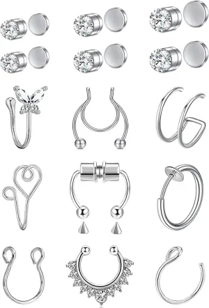 Fake Nose Ring Hoop Fake Nose Stud Magnetic Septum Nose Ring Stud Stainless Steel CZ Fake Nose Piercing Stud Faux Nose Ear Lip Cuffs Non Pierced Jewelry for Women Men