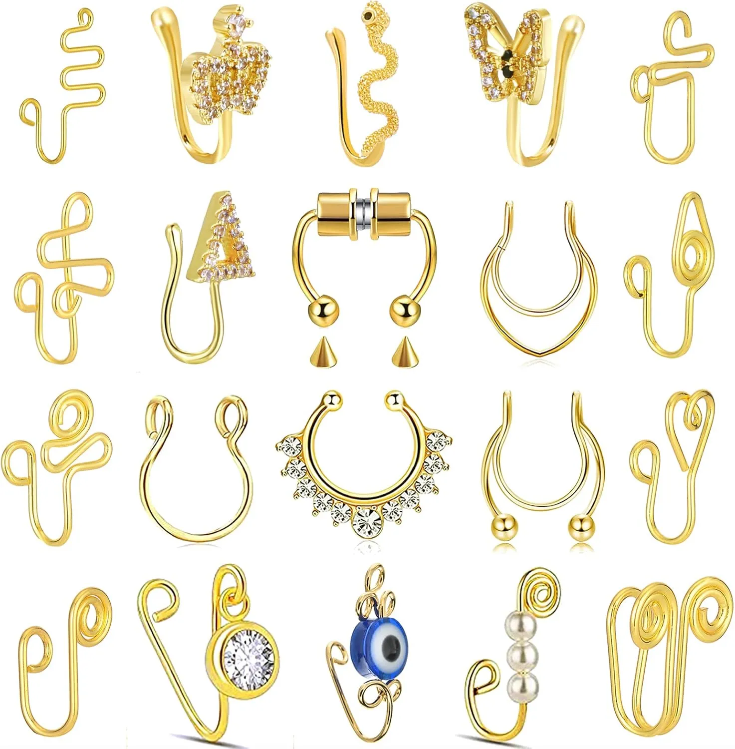 Fake Nose Ring Hoop Fake Nose Stud Magnetic Septum Nose Ring Stud Stainless Steel CZ Fake Nose Piercing Stud Faux Nose Ear Lip Cuffs Non Pierced Jewelry for Women Men