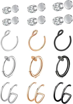 Fake Nose Ring Hoop Fake Nose Stud Magnetic Septum Nose Ring Stud Stainless Steel CZ Fake Nose Piercing Stud Faux Nose Ear Lip Cuffs Non Pierced Jewelry for Women Men
