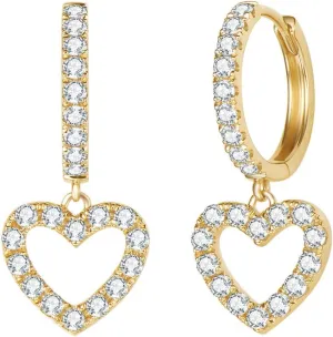 FANCIME 14K Solid Yellow Gold Pave 0.46 CTTW Diamond Heart Dangle Huggie Hoop Earrings Dainty Delicate Fine Jewelry For Mom Women
