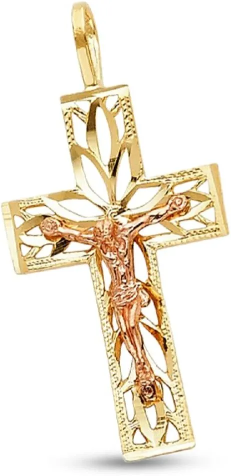 Fancy Jesus Crucifix Pendant 14k Yellow Rose Gold Solid Cross Stylish Charm Diamond Cut 26 x 15 mm