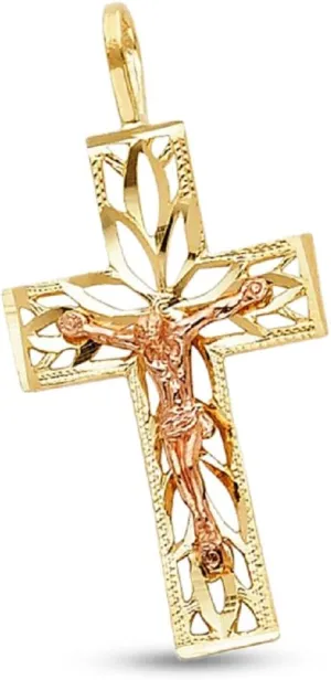 Fancy Jesus Crucifix Pendant 14k Yellow Rose Gold Solid Cross Stylish Charm Diamond Cut 26 x 15 mm