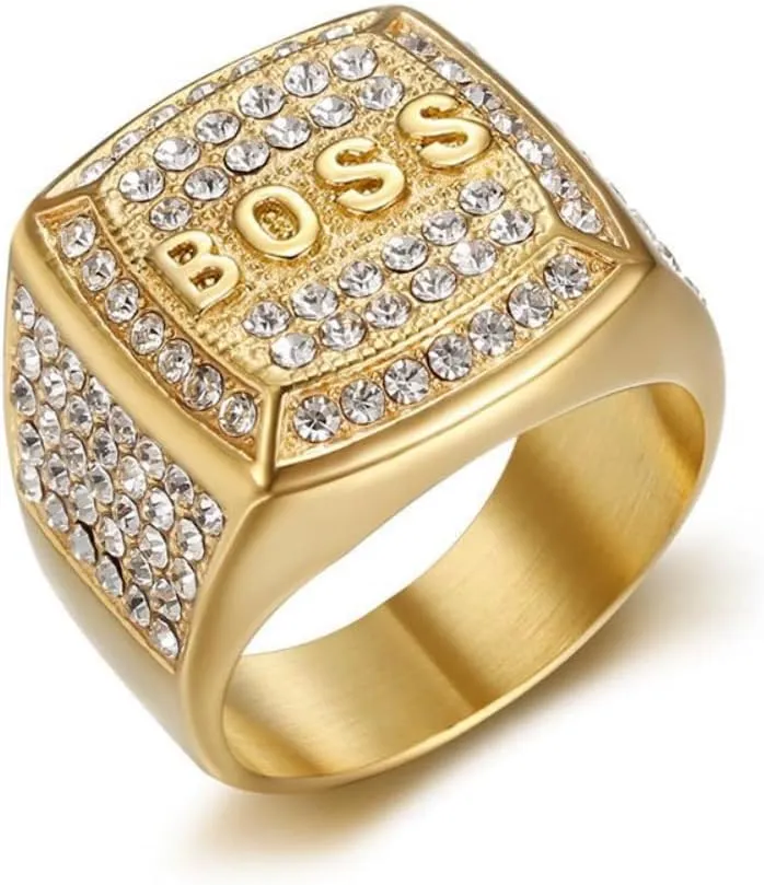 Fanshu Stainless Steel Titanium Luxury AAA Zircon with 18K Gold Plated Iced Out Hip Hop Boss Ring for Men Women Friends Birthday Party Gift Fashion Jewelry