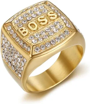 Fanshu Stainless Steel Titanium Luxury AAA Zircon with 18K Gold Plated Iced Out Hip Hop Boss Ring for Men Women Friends Birthday Party Gift Fashion Jewelry
