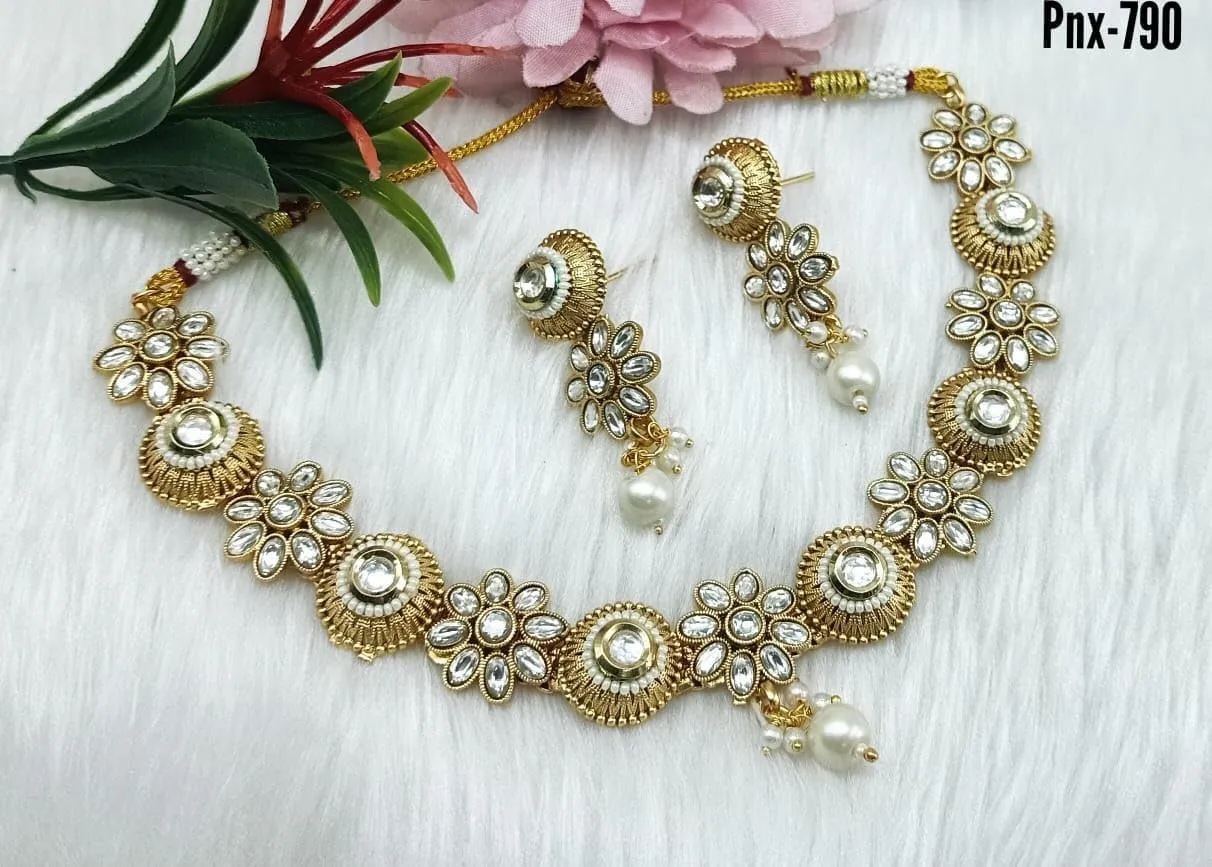 FE 283 Indian Jewelry New Bollywood Style Beautiful party wear necklace with gold with AD kundan & IMITATION PEARLS women Necklace with Earrings Fashion Set