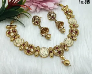 FE 283 Indian Jewelry New Bollywood Style Beautiful party wear necklace with gold with AD kundan & IMITATION PEARLS women Necklace with Earrings Fashion Set
