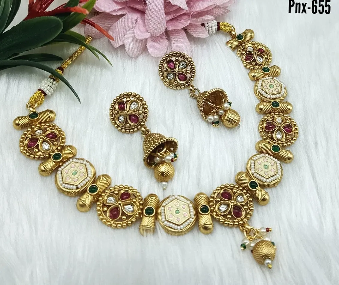 FE 283 Indian Jewelry New Bollywood Style Beautiful party wear necklace with gold with AD kundan & IMITATION PEARLS women Necklace with Earrings Fashion Set
