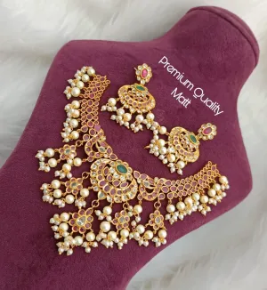 FE 303 Indian Jewelry New Bollywood Style Beautiful fancy necklace with Matt finish with AD KUNDAN & IMITATION PEARLS women Necklace with Earrings Fashion Set