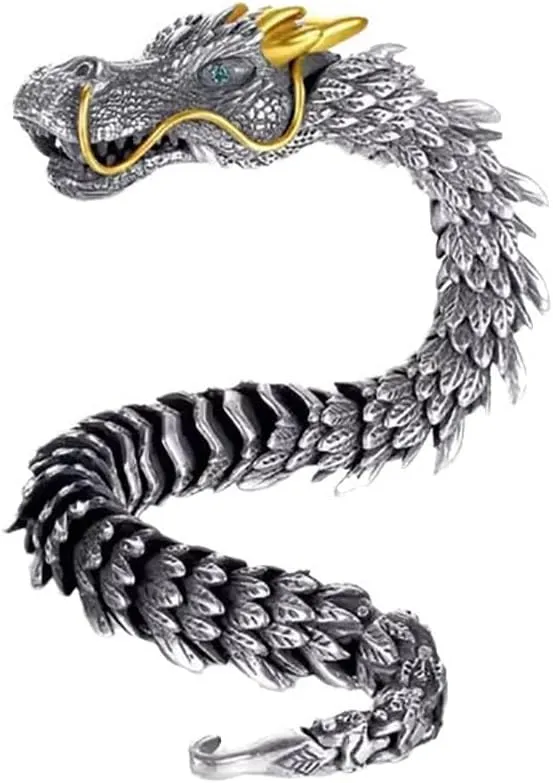 Feng Shui Dragon Bracelet, Vintage S925 Sterling Silver 18k Gold Handmade Dragon Bracelet, Good Luck Wealth Protection Amulet, Retro Style Meditation Dragon Link Chain Bracelets