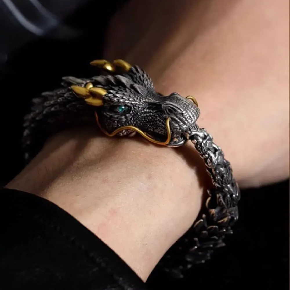 Feng Shui Dragon Bracelet, Vintage S925 Sterling Silver 18k Gold Handmade Dragon Bracelet, Good Luck Wealth Protection Amulet, Retro Style Meditation Dragon Link Chain Bracelets