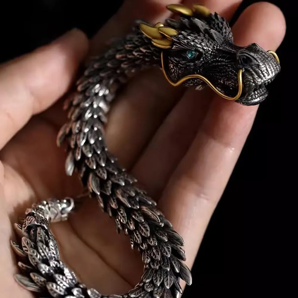 Feng Shui Dragon Bracelet, Vintage S925 Sterling Silver 18k Gold Handmade Dragon Bracelet, Good Luck Wealth Protection Amulet, Retro Style Meditation Dragon Link Chain Bracelets