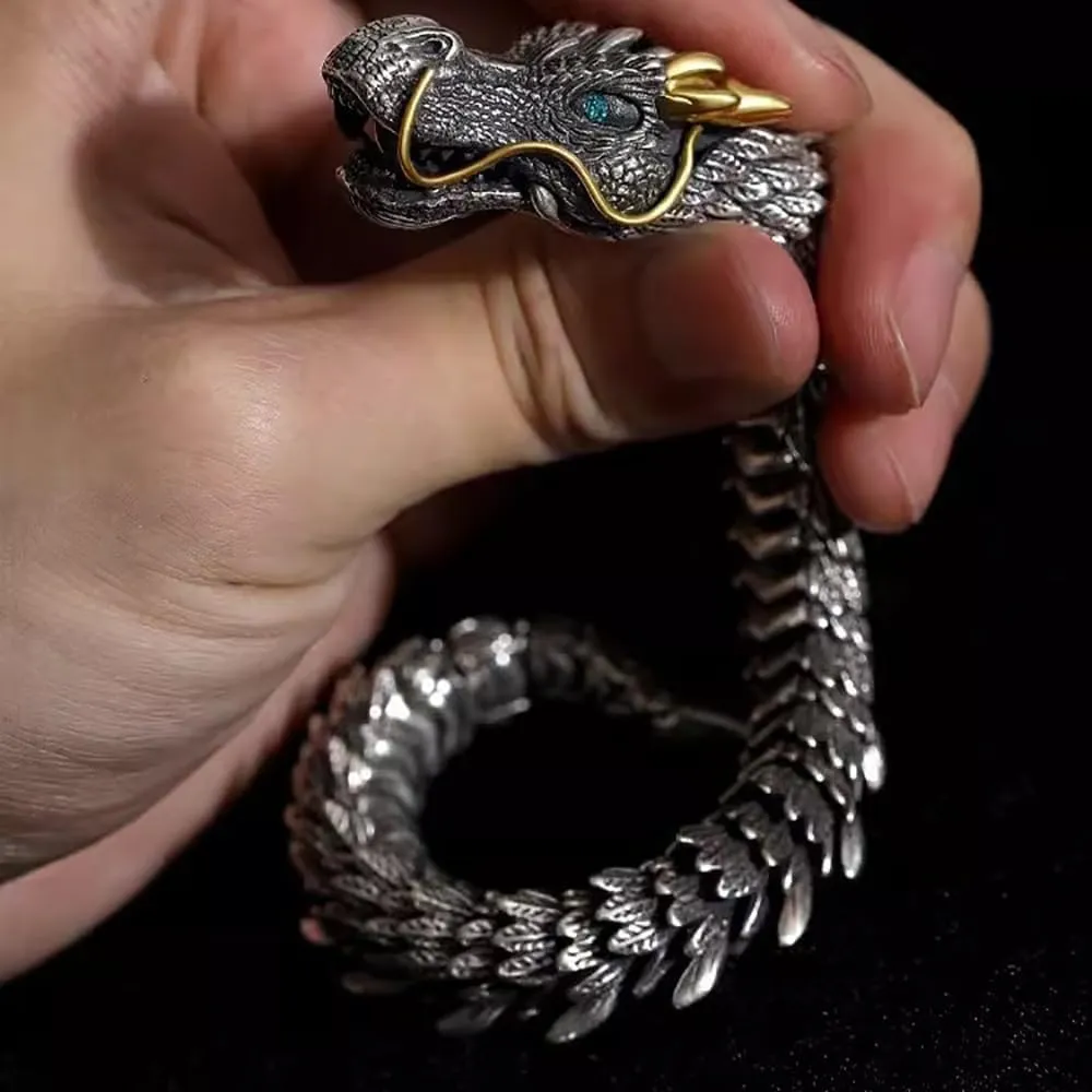 Feng Shui Dragon Bracelet, Vintage S925 Sterling Silver 18k Gold Handmade Dragon Bracelet, Good Luck Wealth Protection Amulet, Retro Style Meditation Dragon Link Chain Bracelets