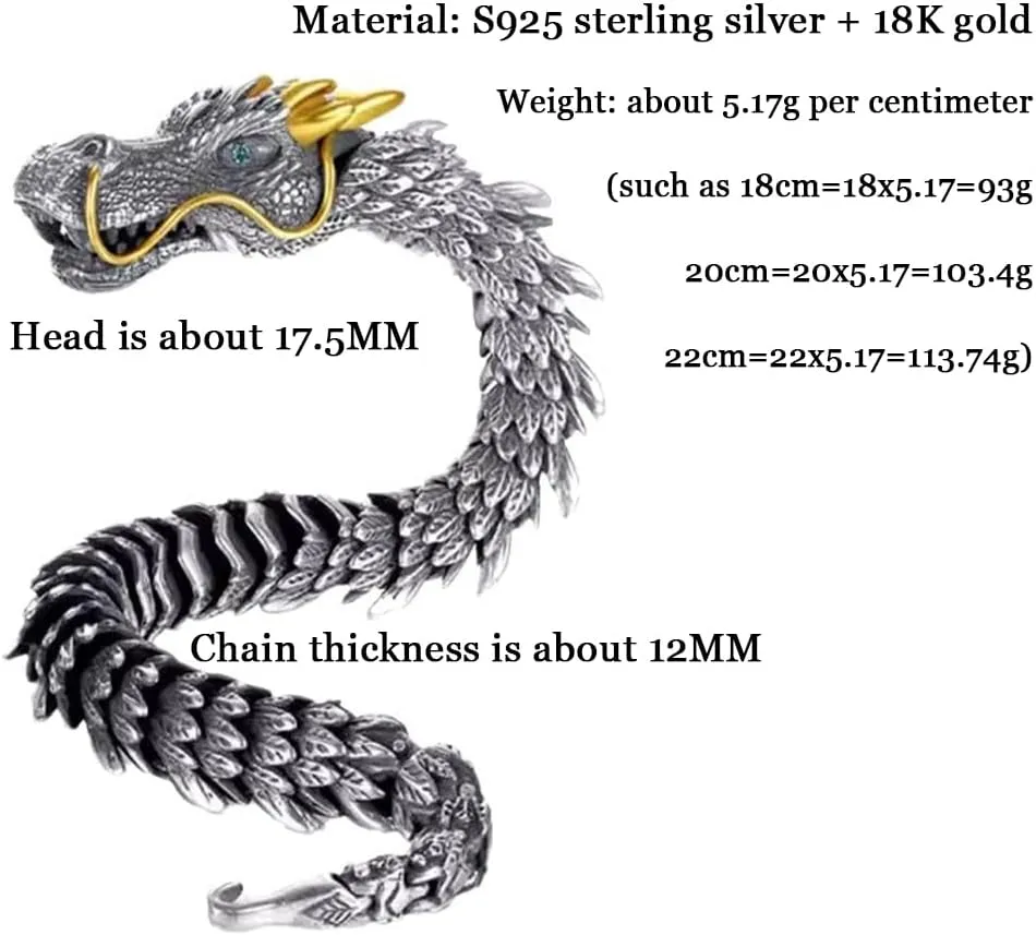 Feng Shui Dragon Bracelet, Vintage S925 Sterling Silver 18k Gold Handmade Dragon Bracelet, Good Luck Wealth Protection Amulet, Retro Style Meditation Dragon Link Chain Bracelets