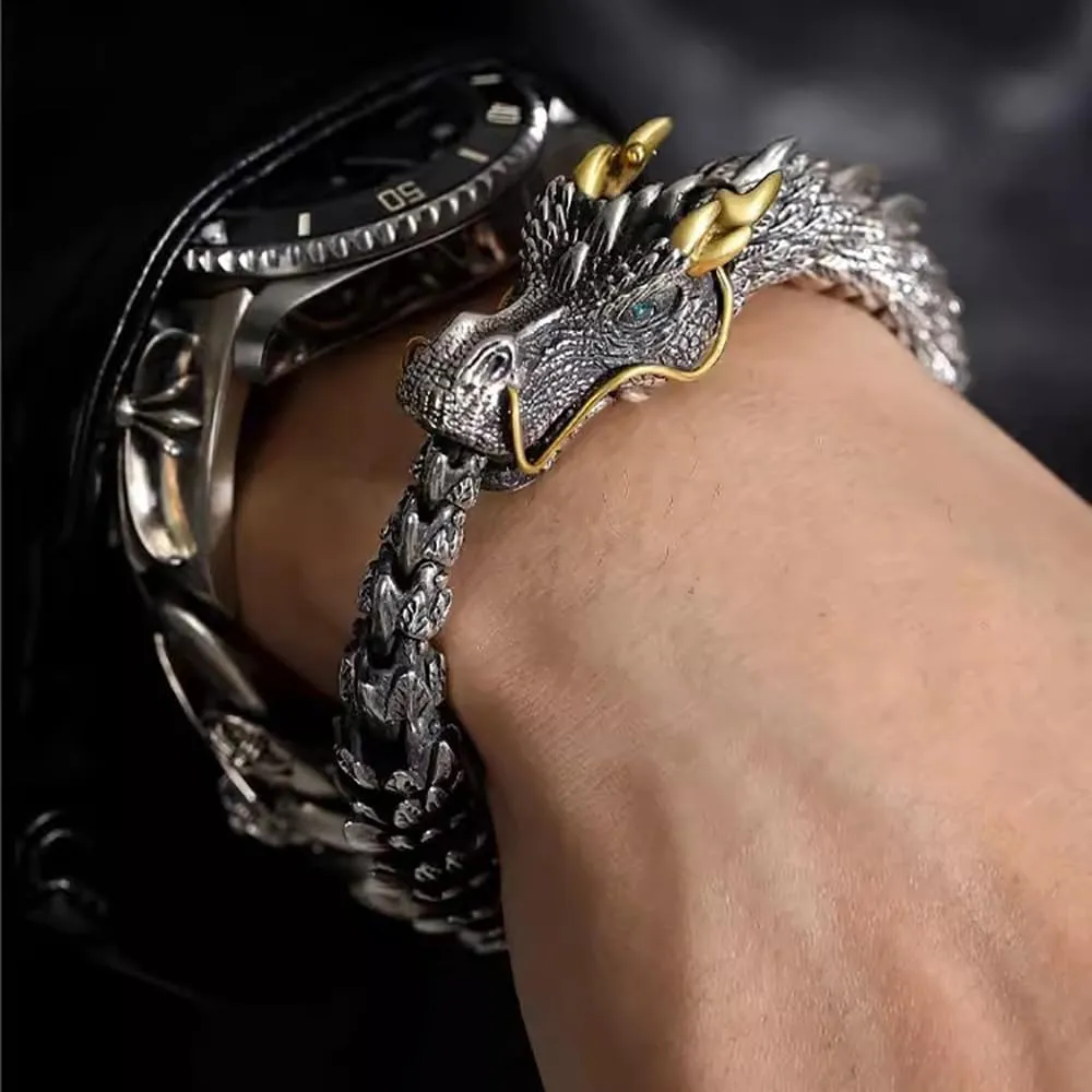 Feng Shui Dragon Bracelet, Vintage S925 Sterling Silver 18k Gold Handmade Dragon Bracelet, Good Luck Wealth Protection Amulet, Retro Style Meditation Dragon Link Chain Bracelets