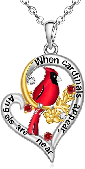 Fenthring Red Cardinal Necklace for Women Mom Mother Daughter Bird Cardinal Appear Angels Are Near Necklaces Sterling Silver Heart Cubic Zirconia Long Chain