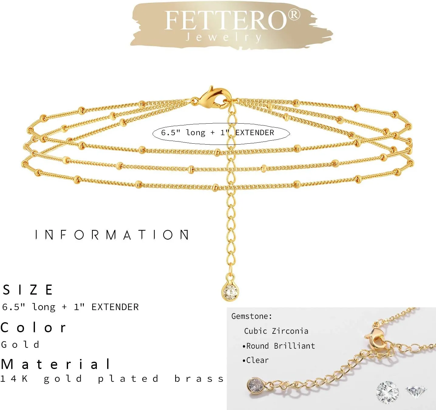 Fettero 14K Gold Bracelet for Women Gold Plated Bracelet Dainty Chain Gold Beaded Bracelet Paperclip/Curb/Figaro/Satellite Chain Adjustable Bracelet Jewelry