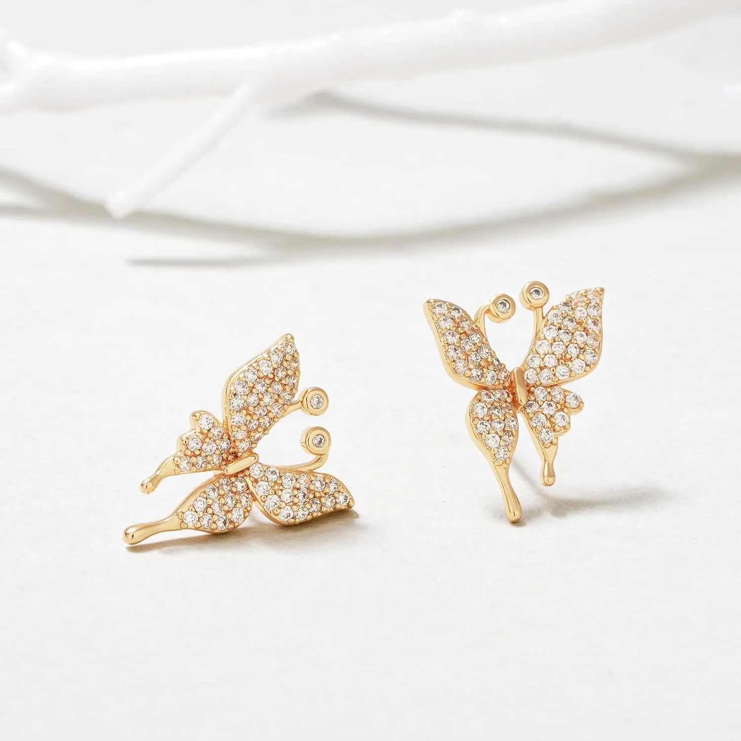 FETTERO Butterfly Earrings for Women Dainty Wear 14K Gold Plated Earrings Elegant Butterfly Wing CZ Stud Earrings Hypoallergenic Gold Earring Jewelry Gifts for Birthday