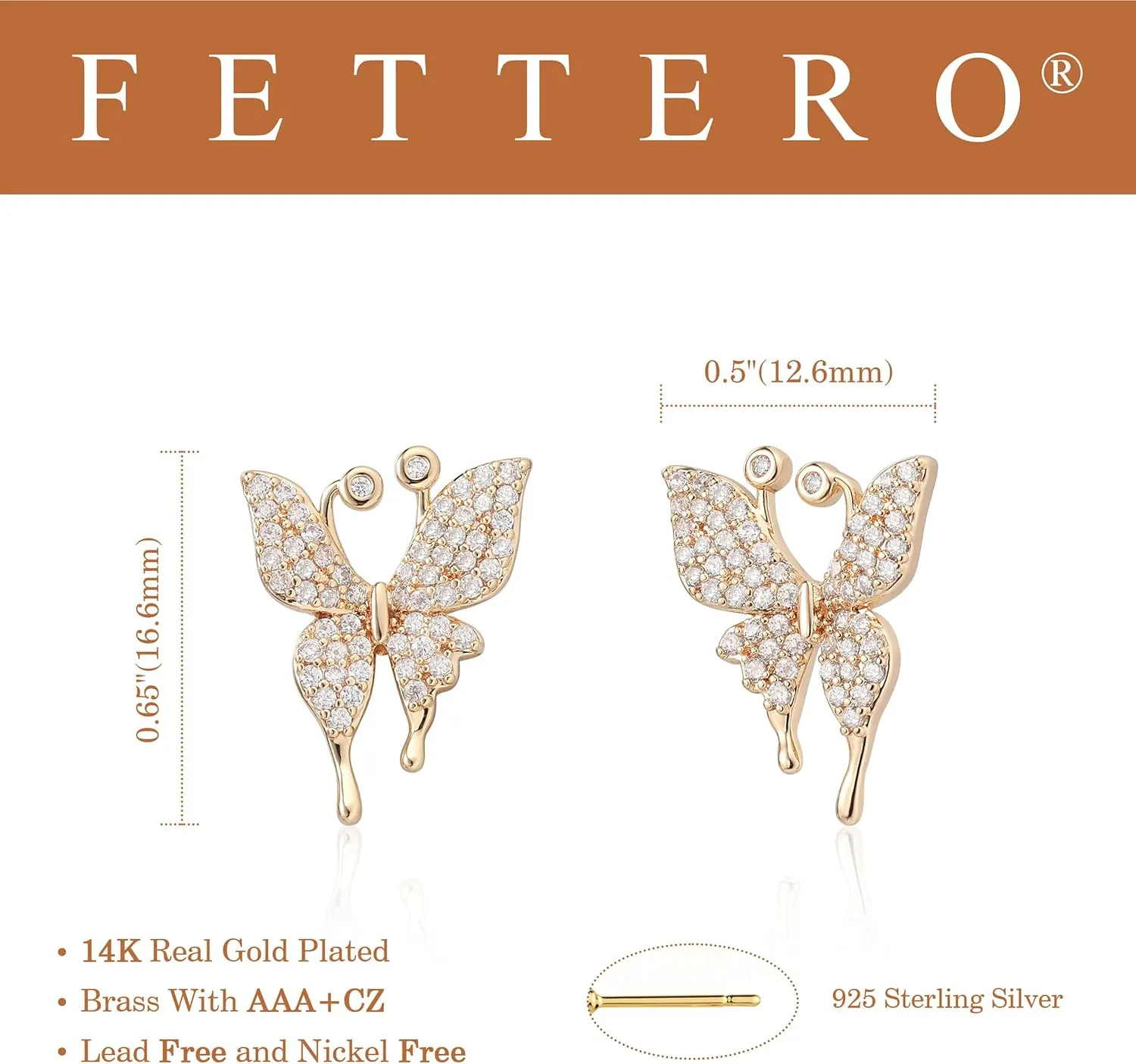 FETTERO Butterfly Earrings for Women Dainty Wear 14K Gold Plated Earrings Elegant Butterfly Wing CZ Stud Earrings Hypoallergenic Gold Earring Jewelry Gifts for Birthday