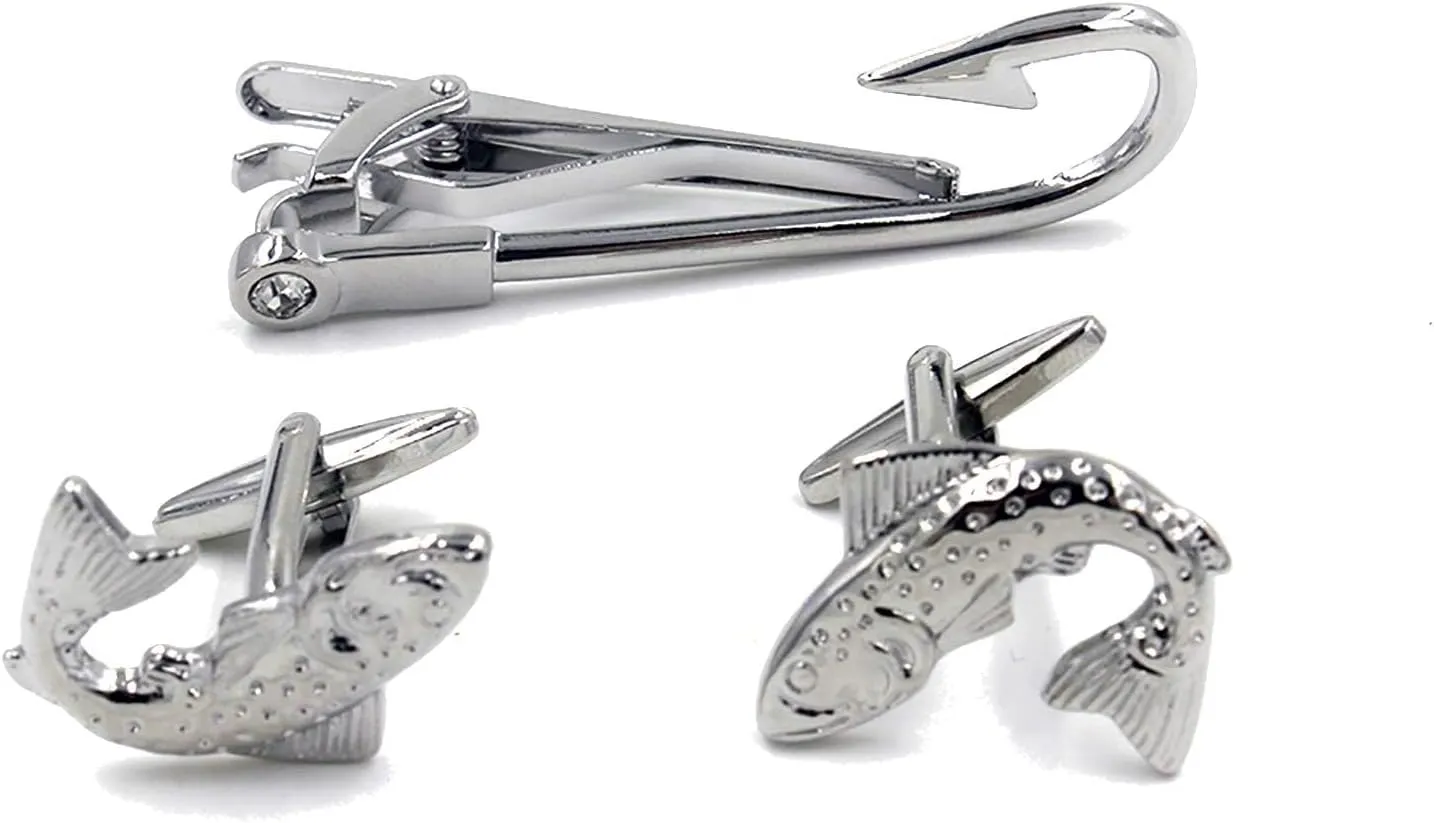 Fish Fisherman Fishing Hook Cufflinks & Tie Bar Clip Set  Stylish Gift for Fishing Enthusiasts, Mens Accessories for Formal or Casual Wear